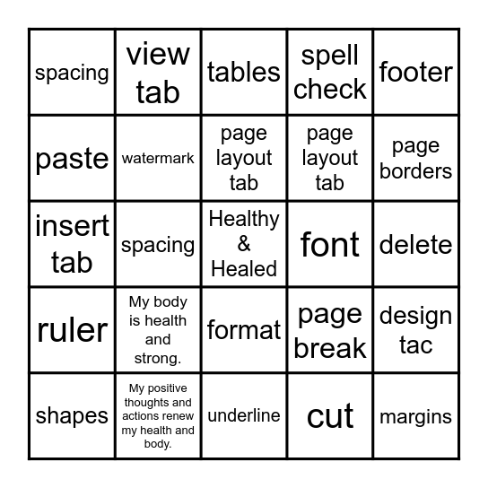 Healthy and Healed BINGO Card