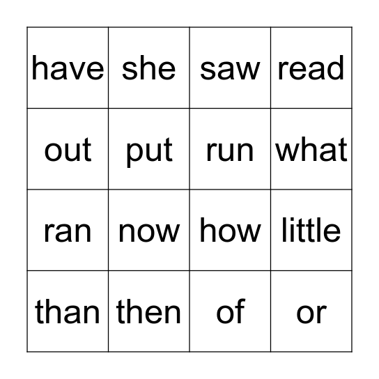 Sight Word Bingo Card