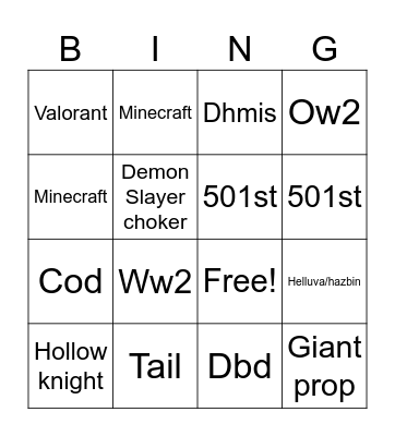 Cosplay Bingo Card