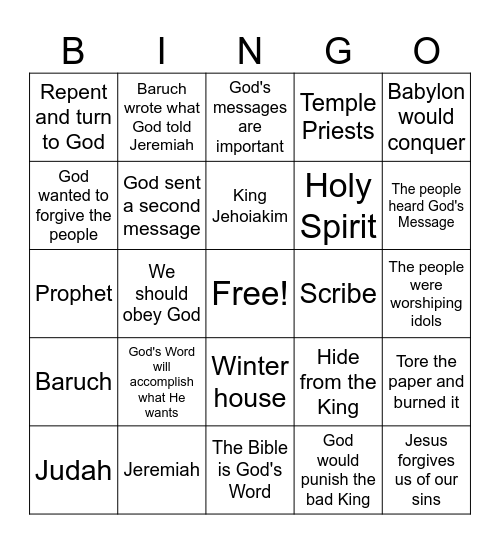 God told Jeremiah what to write Bingo Card