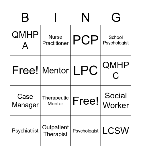 Mental Health Professional Bingo Card