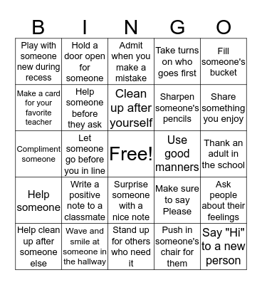 Random Acts of Kindness Bingo Card