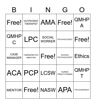 Mental Health Professional Bingo Card