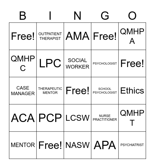 Mental Health Professional Bingo Card