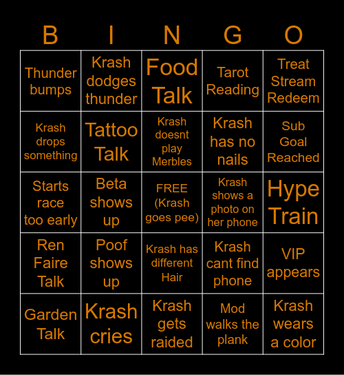 Krash Stream Bingo Card