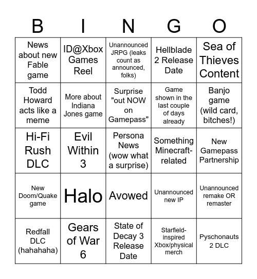 Xbox and Starfield Direct 2023 Bingo Card