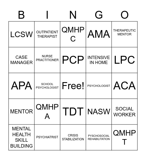 Mental Health Professional/Ethics Bingo Card