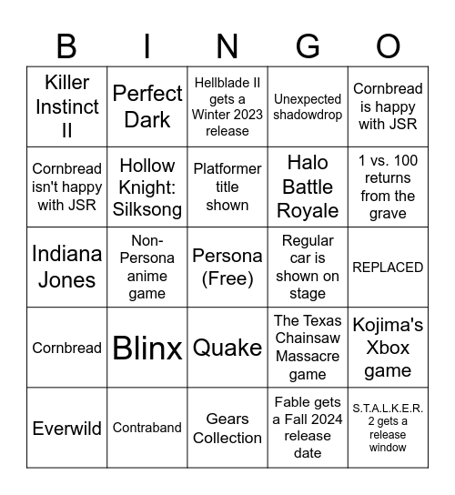 Xbox Games Showcase 2023 Bingo Card