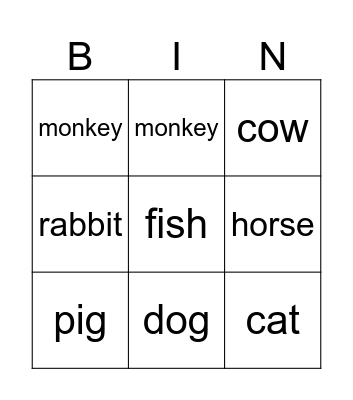 Animals Bingo Card