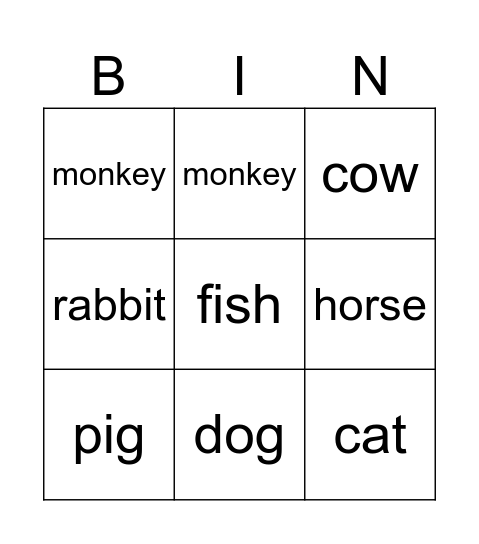 Animals Bingo Card