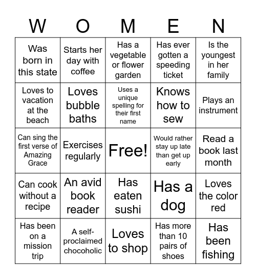 SOUL CARE SISTER                                         Getting To Know Your Sisters Bingo Card