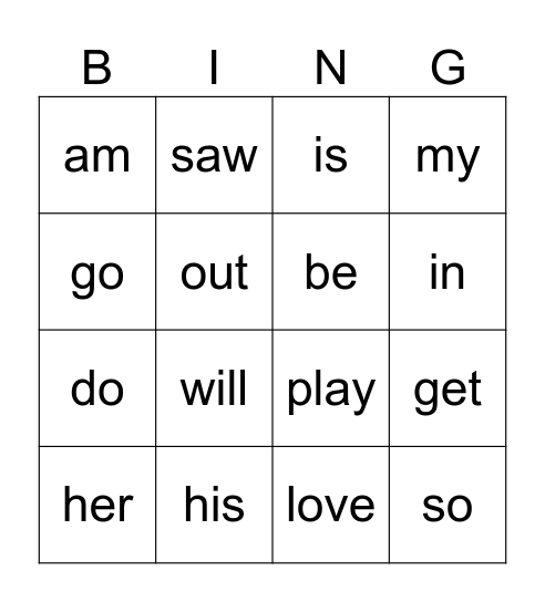 Kindergarten BINGO Card