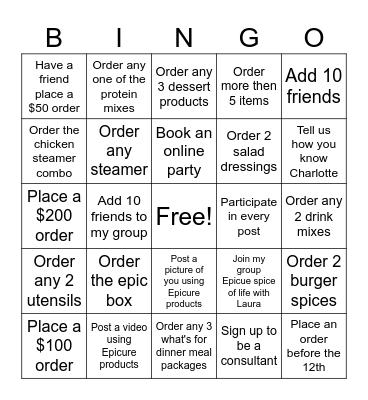 Epicure Bingo Card