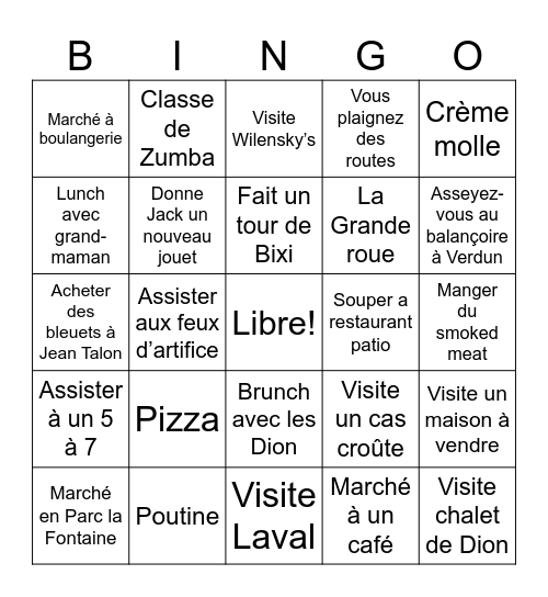 Bingo de Québec Bingo Card