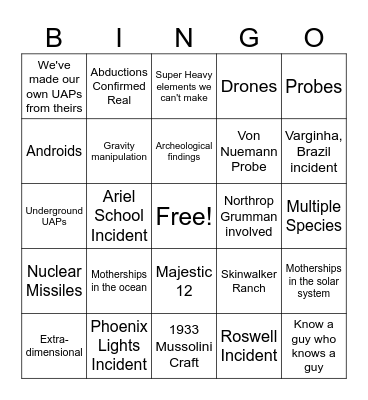 David Grusch UAP Bingo Card