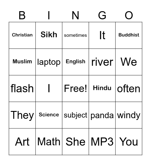 Vocabulary Bingo Card