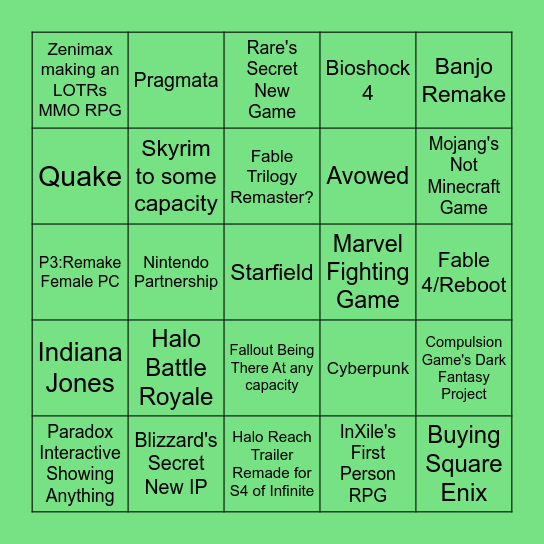 Xbox and Starfield Showcase Bingo Card