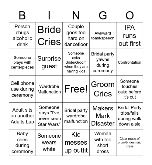 Kaleb and Tori Wedding BINGO Card