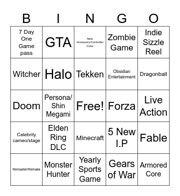 Xbox Showcase Bingo Card