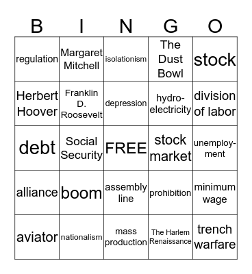 World War 1 &  The Great Depression Bingo Card