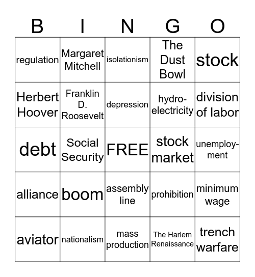 World War 1 &  The Great Depression Bingo Card