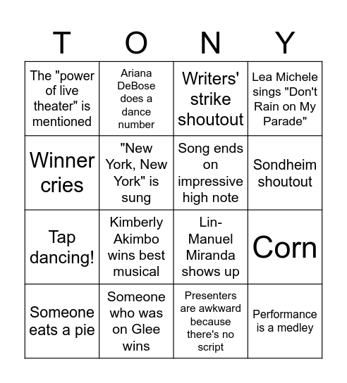 Tony Awards Bingo!! Bingo Card