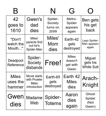 Beyond the Spider-Verse Bingo 2.o Bingo Card