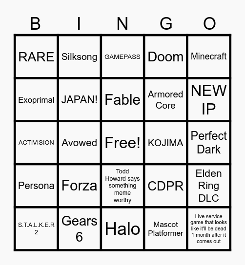XBOX Bingo Card
