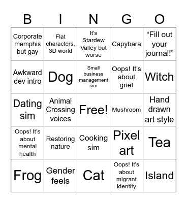 Wholesome Games Bingo Card