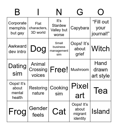 Wholesome Games Bingo Card