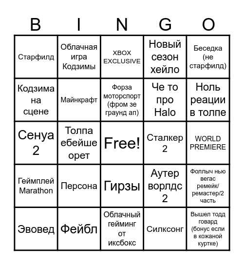 CAMPFIRE SPARKS XBOX SHOWCASE BINGO Card