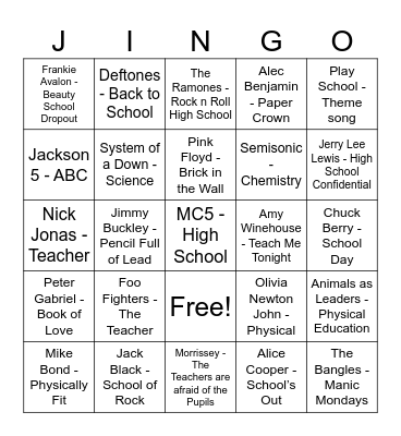 School Related Bingo Card