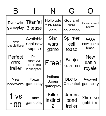 Xbox showcase 2023 Bingo Card
