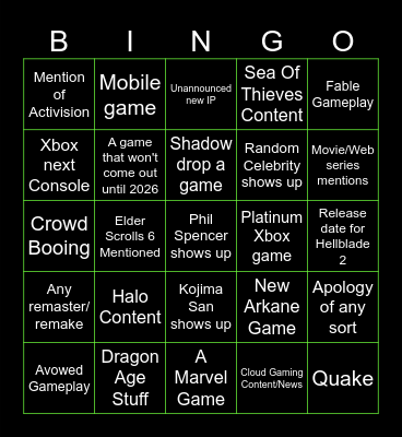 XBOX Bethesda Showcase 2023 Bingo Card