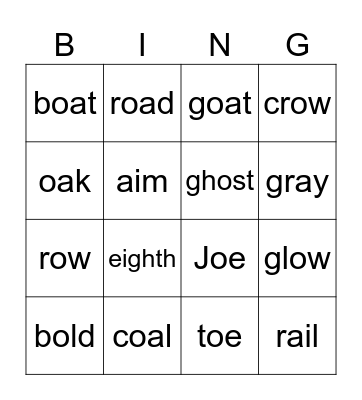 oa ow old oe Words Bingo Card