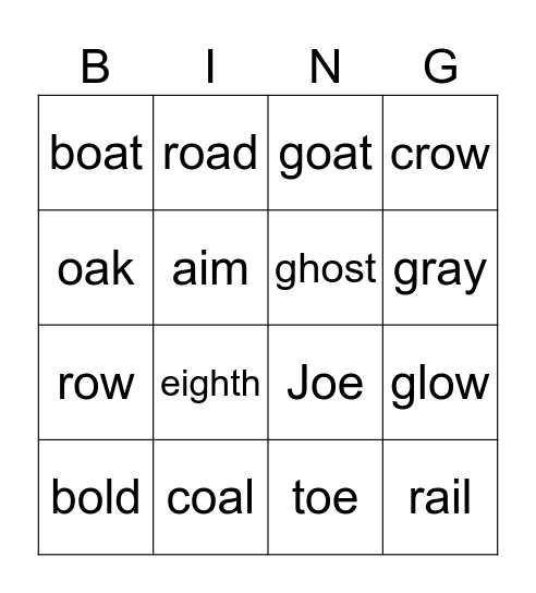 oa ow old oe Words Bingo Card