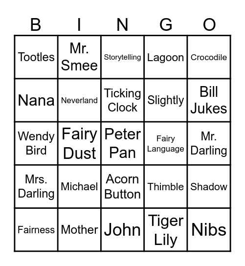 Peter Pan Bingo Card