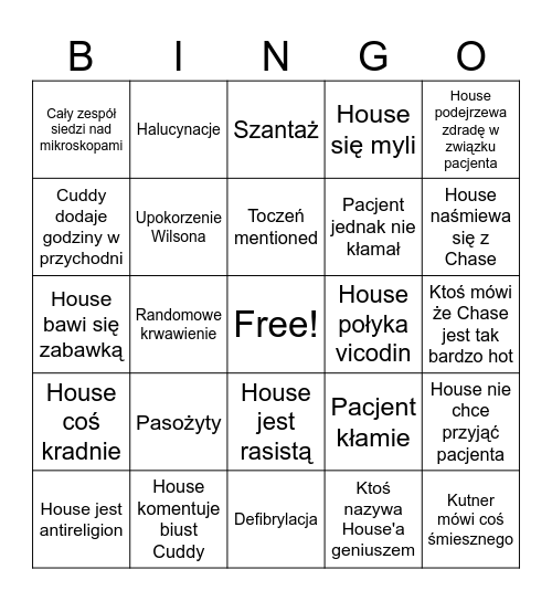 Bingo Dr House'a Bingo Card