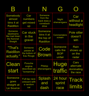 24h of Spa Bingo Card