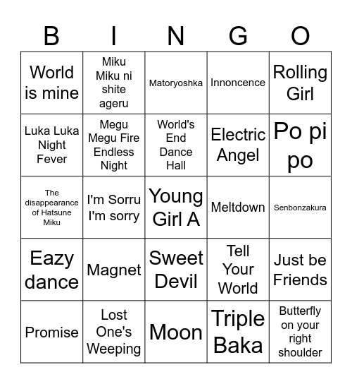 Vocaloid Bingo Card