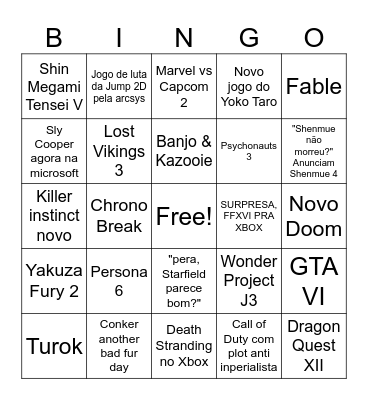Xbox Showcase Bingo Card