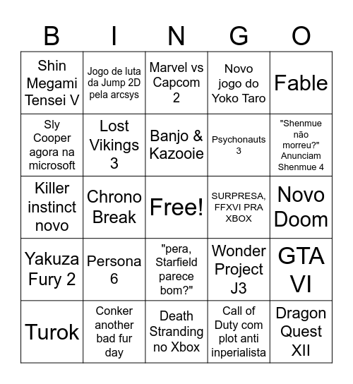 Xbox Showcase Bingo Card