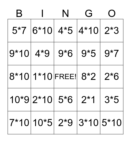 Multiplication 2, 5, 9, & 10 Bingo Card