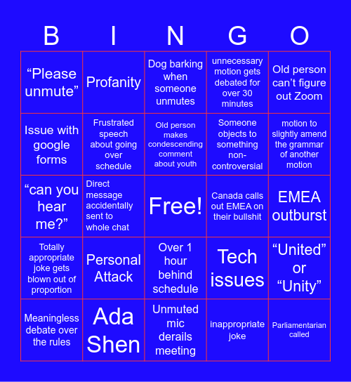 DPCA Meeting Bingo Card