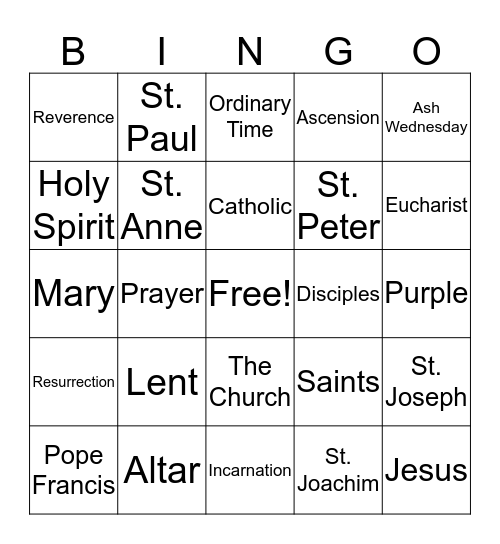Bingo Game:  "The Church" Bingo Card