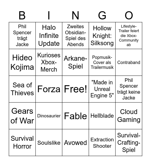 Xbox PK Nicht-E3 2023 Bingo Card