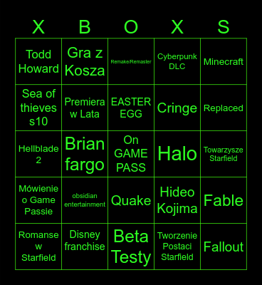 Xbox Games Showcase Bingo Card