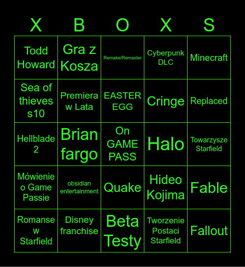 Xbox Games Showcase Bingo Card