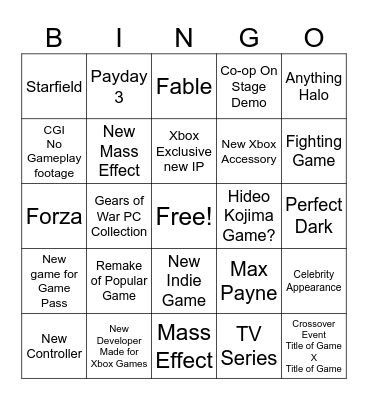 Xbox Showcase 2023 Bingo Card