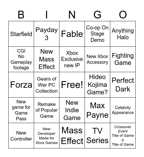 Xbox Showcase 2023 Bingo Card